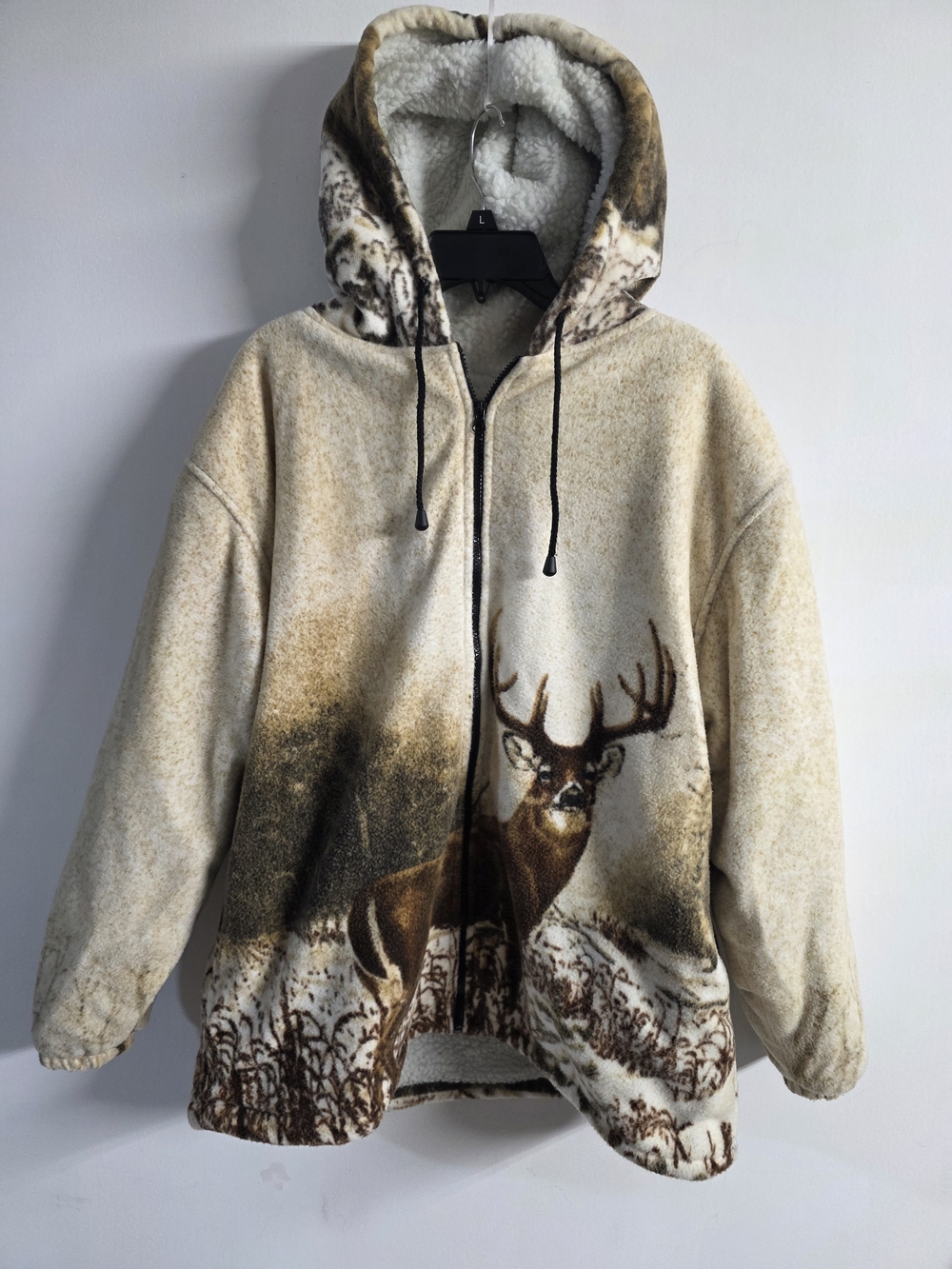 Vtg Trail Crest Men's Lg Fleece Jacket AOP Deer Buck Woods Forest Hunting Hunter